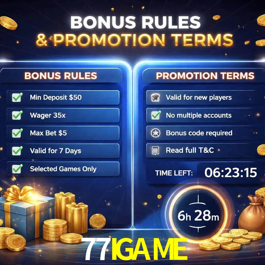 Reglas de promoción 77IGAME y condiciones de bonos explicadas visualmente