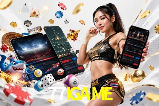 Una escena digital vívida inspirada en casino con 77IGAME mostrado prominentemente, luces brillantes, fichas, cartas y acentos dorados.