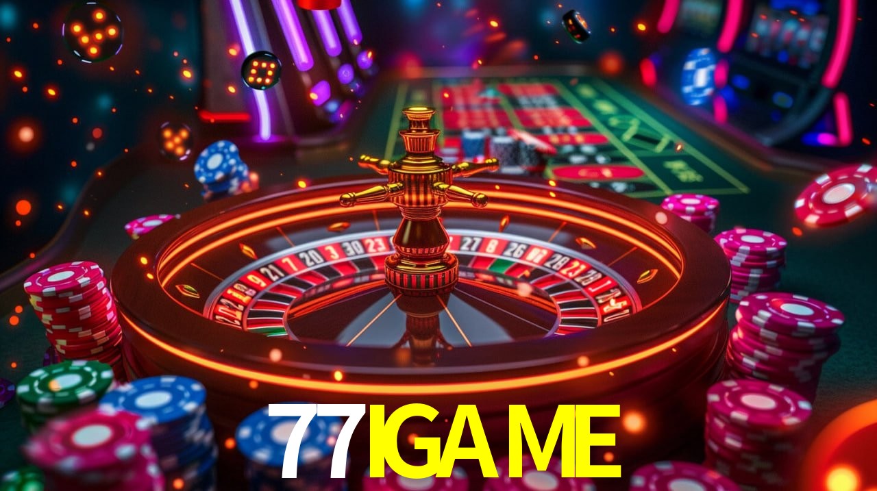 Escena dinámica inspirada en casino con iluminación 77IGAME, cartas, fichas e íconos de juegos digitales en un espacio moderno de juegos.